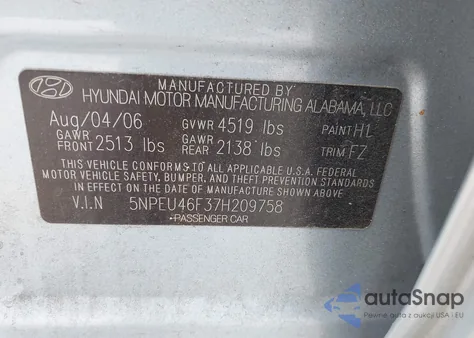 2007 Hyundai Sonata Limited/Se V6 from USA, damaged, VIN 5NPEU46F37H209758
